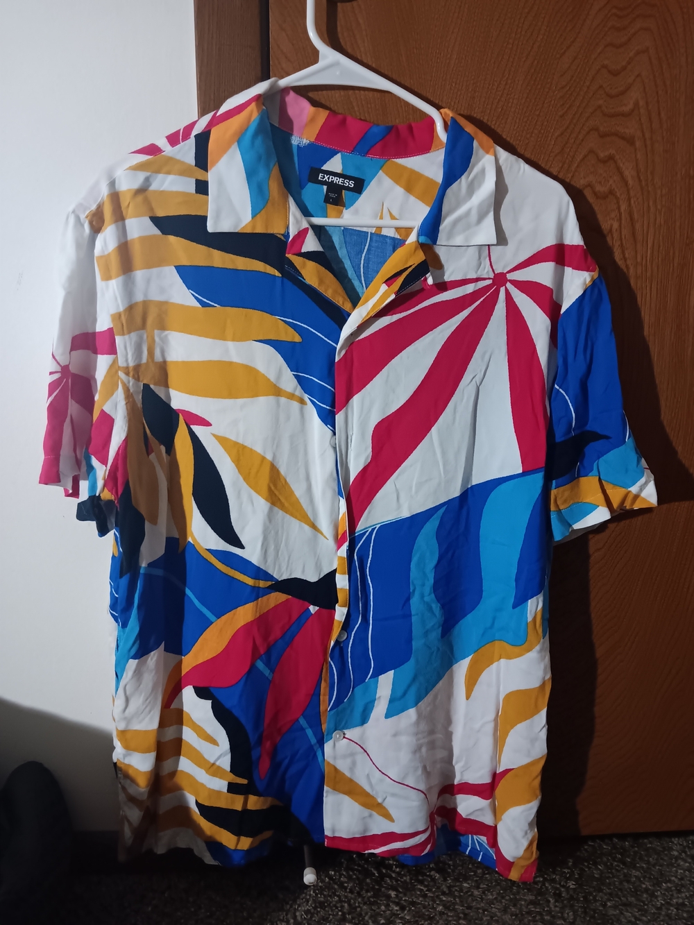 Express Men’s Multicolor Tropical Button-Down Shirt - Blue, Red, Yellow, White